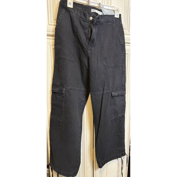 Zara Women's High Rise Elastic Back Waist Cargo Jogger Jeans Black Small - Picture 6 of 13